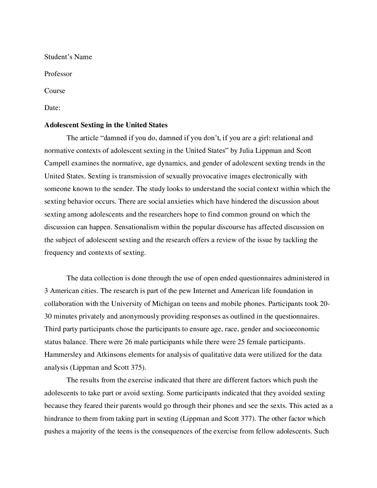 Preview image for Adolescent Sexting in the United States